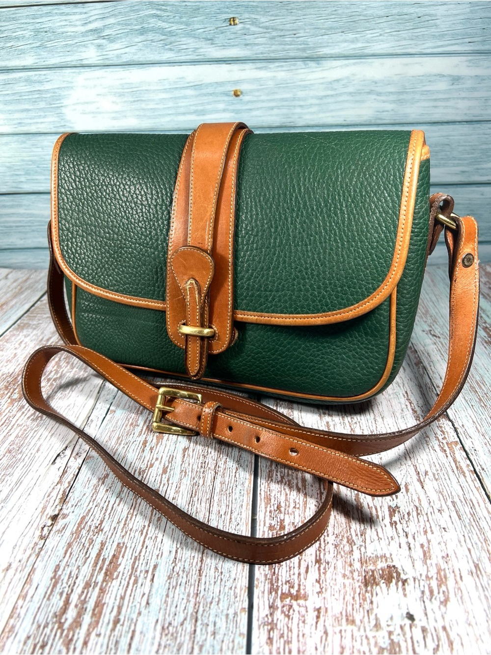 🦆 DOONEY & BOURKE EQUESTRIAN LARGE VINTAGE SHOULDER CROSSBODY GREEN BRITISH TAN